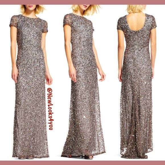 NEW $248‎ Adrianna Papell Short Sleeve Sequin Mesh Gown in Lead [ Size 4 10 ] - Picture 2 of 14